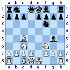 Chess Image 13: Plays the Queen's Bishop to four houses from the other King's Knight, whom the Bishop threatens